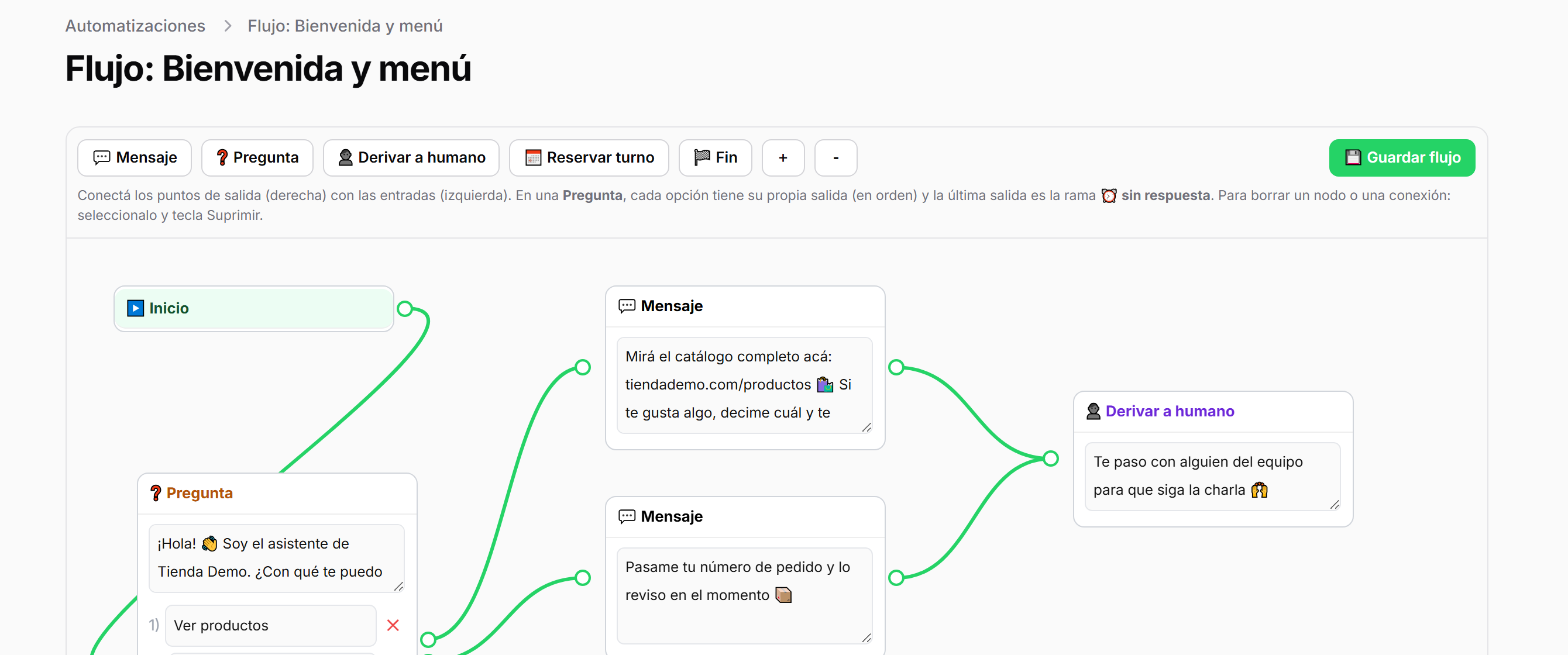 Editor de flujo del chatbot de ClientelaHub, con nodos de pregunta, mensaje, turno y derivación a un humano
